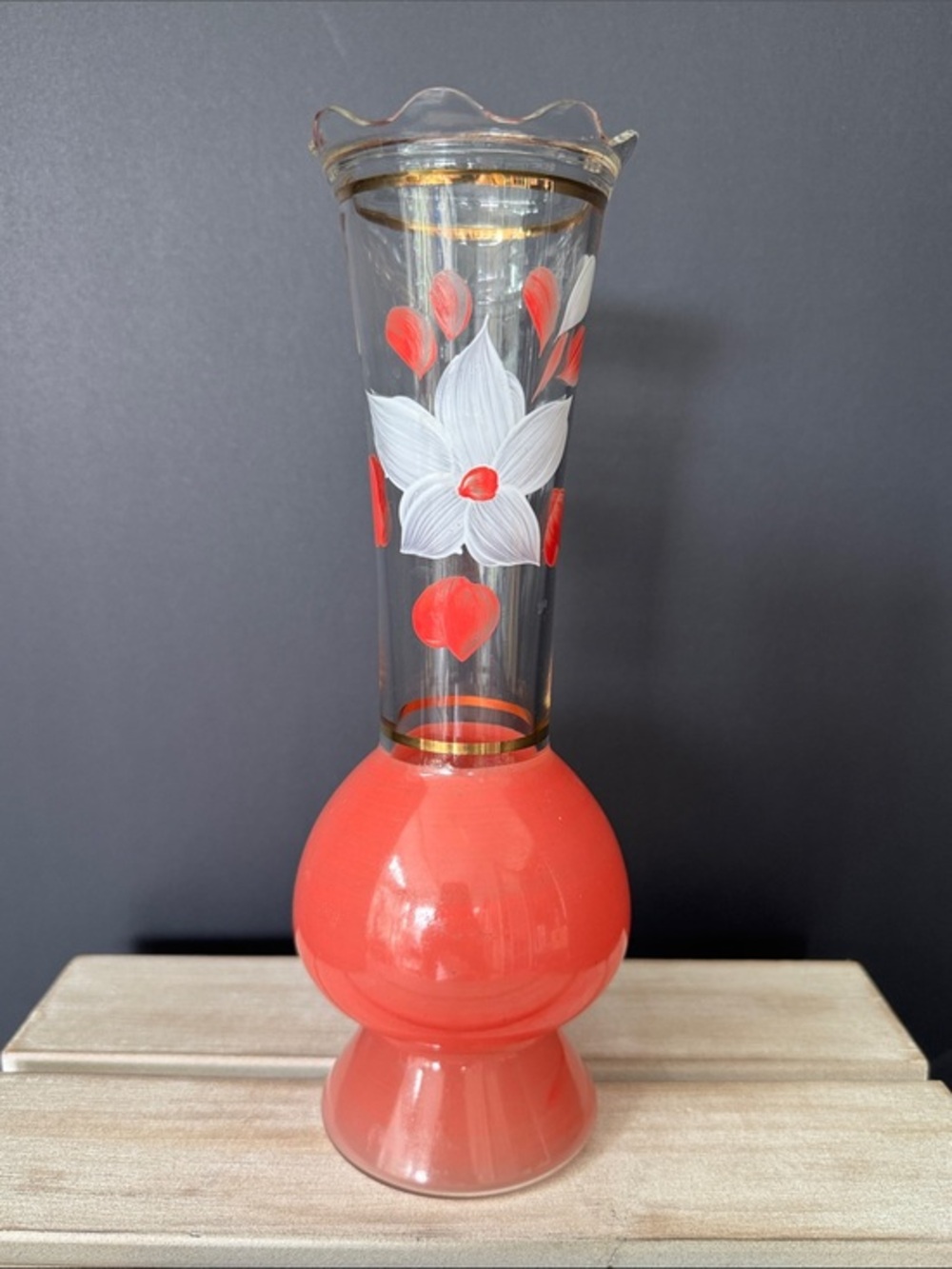 VTG Bartlett-Collins Pink Glass Bud Vase Hand Painted Floral Gold Trim MCM